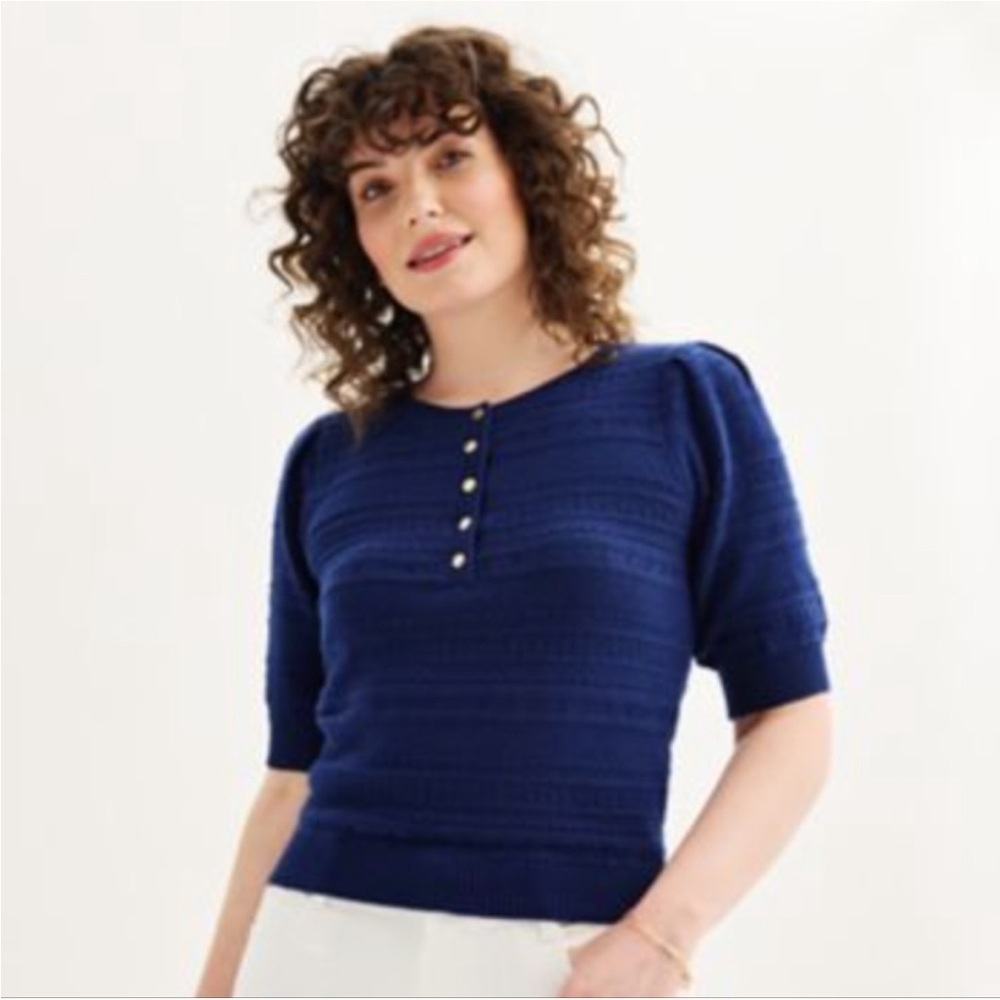 ❤️Draper James - Navy Blue Puff Sleeve Pointelle Henley Sweater - XXL